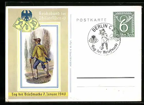 Künstler-AK Tag der Briefmarke 7.1.1940, Reichsbund der Philatelisten, Postbote Deutsches Reich, Ganzsache