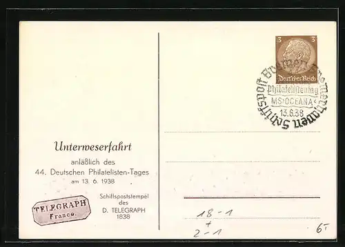AK Bremen, Allgemeine Postwertzeichenausstellung 1938, Schiffspost Bremen-Bremerhaven 1827-51, Ganzsache