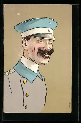 Künstler-AK Lachender Soldat mit Schirmmütze in Uniform