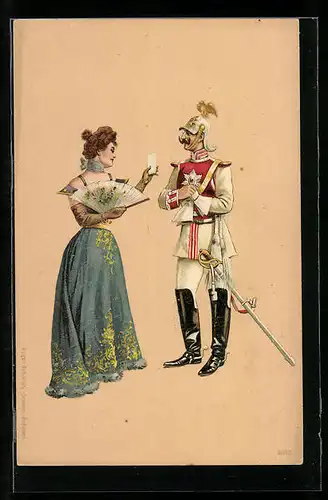 Lithographie Soldat des Gardes du Corps mit junger Dame