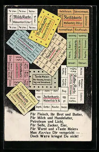 AK Kriegsnot, Kaffee-Karte und Fleischkarte, Gedicht