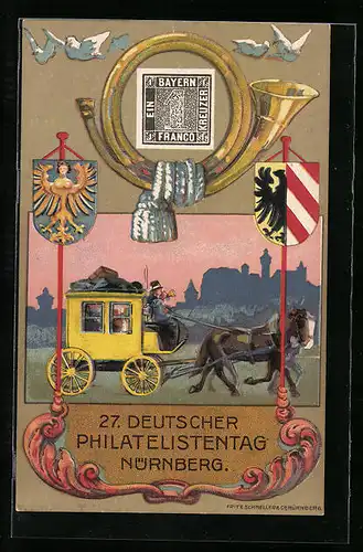 Künstler-AK Nürnberg, Philatelistentag 1921, Postkutsche, Wappen, Posthorn, Ganzsache