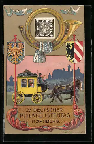 Künstler-AK Nürnberg, Philatelistentag 1921, Postkutsche unterwegs, Wappen, Posthorn, Ganzsache