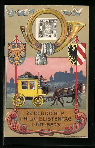 Künstler-AK Nürnberg, Philatelistentag 1921, Postkutsche vor Stadtsilhouette, Wappen, Posthorn, Ganzsache