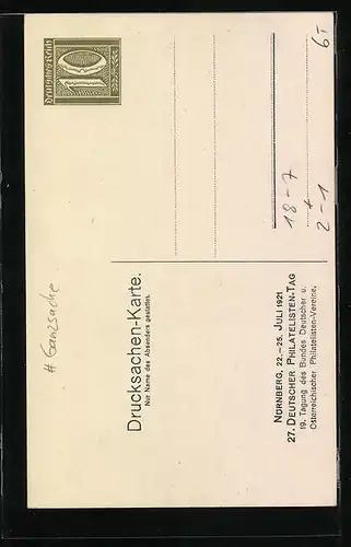 Künstler-AK Nürnberg, Philatelistentag 1921, Postkutsche vor Stadtsilhouette, Wappen, Posthorn, Ganzsache