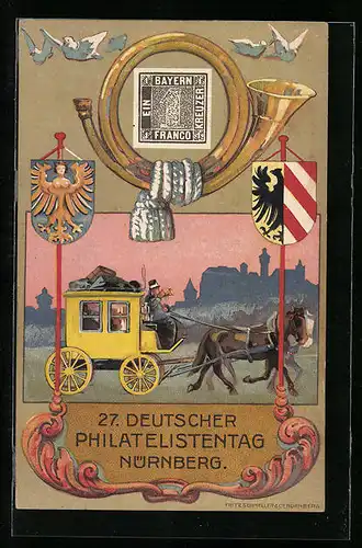 Künstler-AK Nürnberg, Philatelistentag 1921, Postkutsche, Wappen, Posthorn, Ganzsache