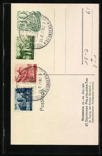 Künstler-AK Nürnberg, Philatelistentag 1921, Postkutsche mit Postillon, Wappen, Posthorn, Brieftauben, Ganzsache