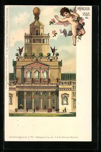 Lithographie München, Ausstellung 1898, Mittelbau und Engel mit Blumen, Prägewappen, Ganzsache Bayern