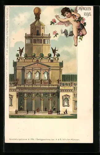 Lithographie Ganzsache Bayern PP15 (1-03): München, Ausstellung 1898, Mittelbau und Engel, Wappen, Ganzsache Bayern