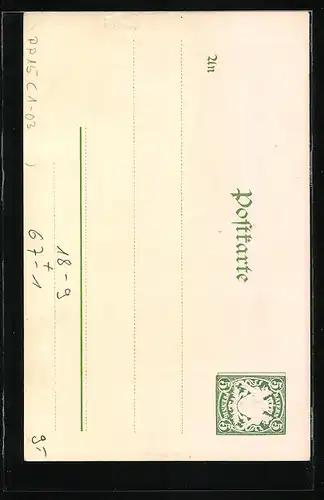 Lithographie Ganzsache Bayern PP15 (1-03): München, Ausstellung 1898, Mittelbau und Engel, Wappen, Ganzsache Bayern