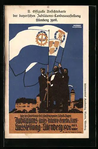 AK Nürnberg, Jubiläums-Landes-Ausstellung 1906, Fahnenträger vor der Stadt, Ganzsache Bayern
