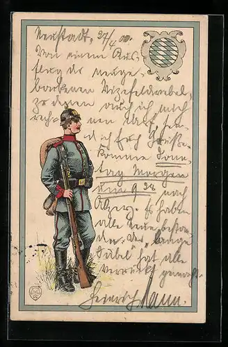 Lithographie Bayerischer Infanterist in Uniform, Wappen