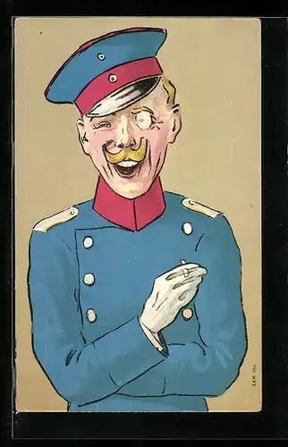 AK Lachender Soldat mit Monokel in blauer Uniform, Karikatur