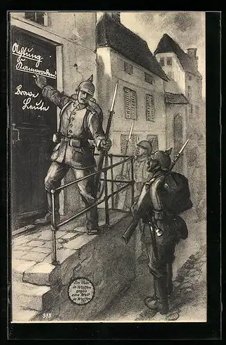 AK Infanteriesoldat und Kameraden vor einer beschrifteten Tür