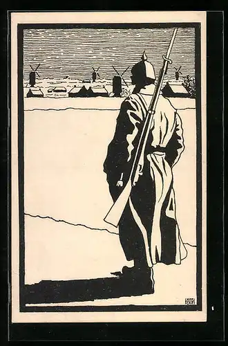 Künstler-AK sign. Häffcke: Infanteriesoldat vor einer Ortschaft, Schattenbild