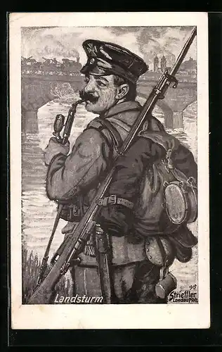 Künstler-AK sign. Strieffler: Infanteriesoldat des Landsturm mit Tabakspfeife