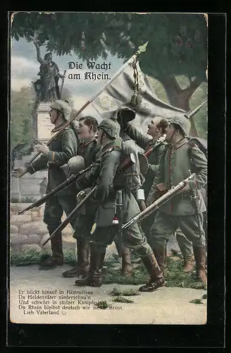 AK Wacht am Rhein, Infanteriesoldaten mit Fahne