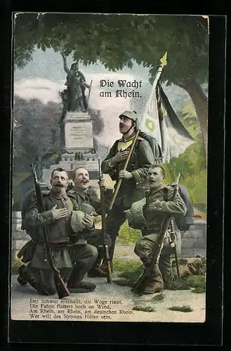AK Wacht am Rhein, Infanteriesoldaten vor Denkmal