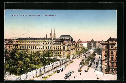 AK Wien, K. k. Universität und Franzensring, Strassenbahn