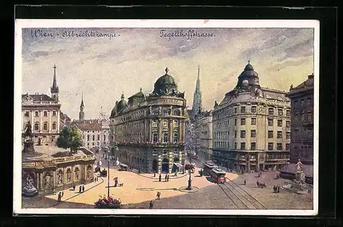 Künstler-AK Wien, Albrechtsplatz, Albrechtsrampe, Tegetthoffstrasse, Strassenbahn