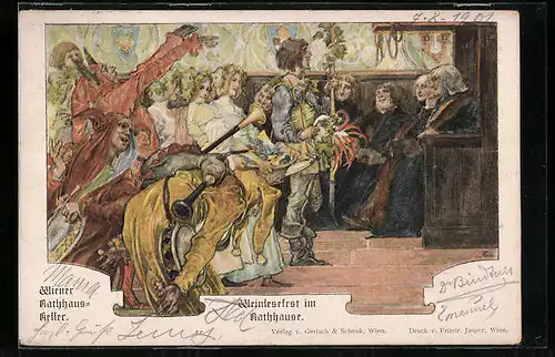 Künstler-AK Wien, Gasthaus Rathaus-Keller, Weinlesefest im Rathaus