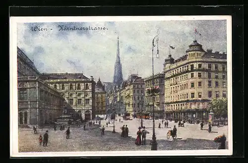 AK Wien, Kärntnerstrasse, Flaneure und Strassenbahnen