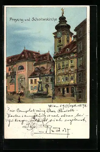 Lithographie Wien-Freyung, Freyung mit Schottenkirche, Apotheke und Brunnen