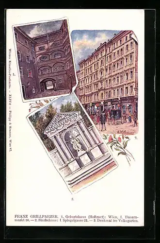 Künstler-AK Wien, Franz Grillparzer, Geburtshaus, Sterbehaus, Bauernmarkt