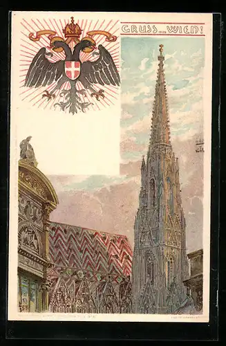 Lithographie Wien, St. Stefansturm, Doppelköpfiger Adler mit Wappen