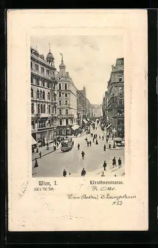 Präge-AK Wien, Kärntnerstrasse mit Geschäften und Pferdebahn