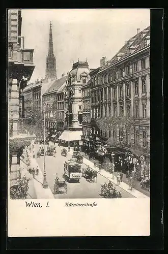 AK Wien, Kärntnerstrasse mit Geschäften und Pferdebahn