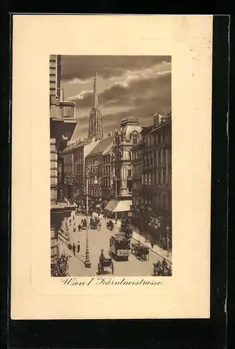 AK Wien, Kärntnerstrasse mit Geschäften und Pferdebahn