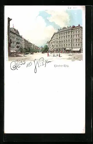Lithographie Wien, Strasse Kärntner-Ring mit Strassenbahn