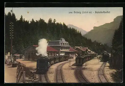 AK Brünig, Bahnhofbuffet mit Bergbahn