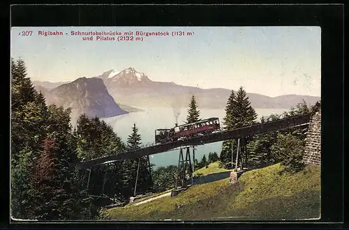 AK Rigibahn auf Schnurtobelbrücke mit Bürgenstock und Pilatus