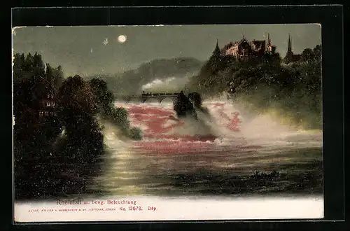 Mondschein-AK Schaffhausen, Rheinfall m. beng. Beleuchtung