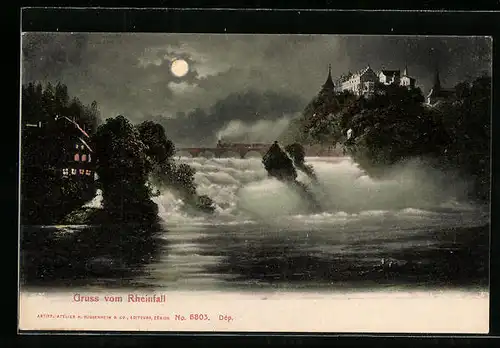 Mondschein-AK Schaffhausen, Rheinfall bei Vollmond