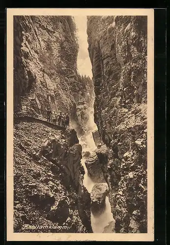 AK Breitachklamm mit Besuchern, Wasserfall