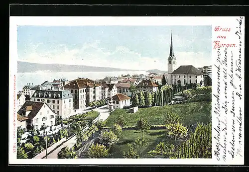 AK Horgen, Teilansicht mit Kirche und See