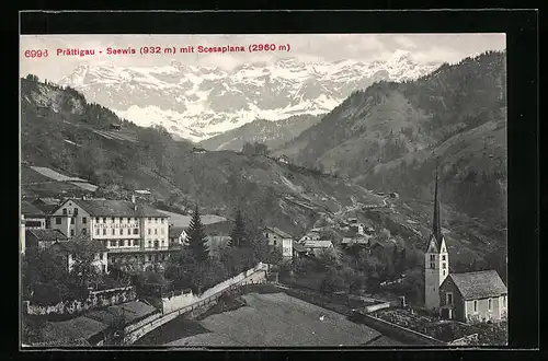 AK Prättigau-Seewis, Panorama mit Kirche und Scesaplana