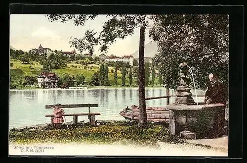 AK Spiez am Thunersee, Seepartie mit Brunnen