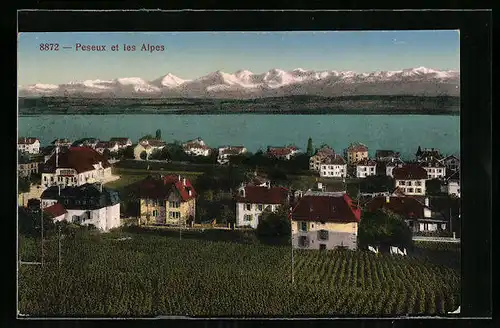 AK Peseux, Ortsansicht et les Alpes