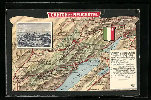 AK Neuchâtel, Landkarte Canton de Neuchâtel, Wappen