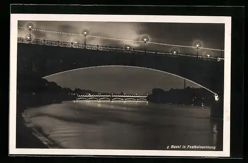AK Basel, Uferpartie mit Brücken in Festbeleuchtung