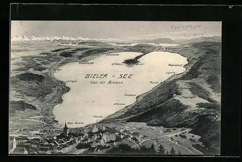 AK Biel, Ortsansicht mit Bieler See und Ortsnamen aus der Vogelschau