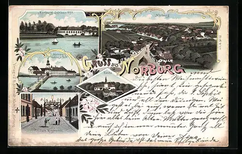 Lithographie Norburg, Schlossansichten im Jahre 1697 und 1897, Gesamtansicht, Kirche und Feststr. Ringreiten