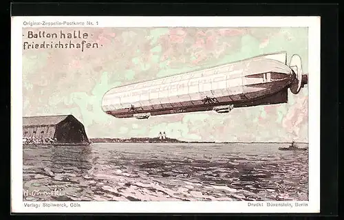 Künstler-AK Friedrichshafen, Ballonhalle und Luftschiff Zeppelin, Reklame für Gebr. Stollwerck AG Köln