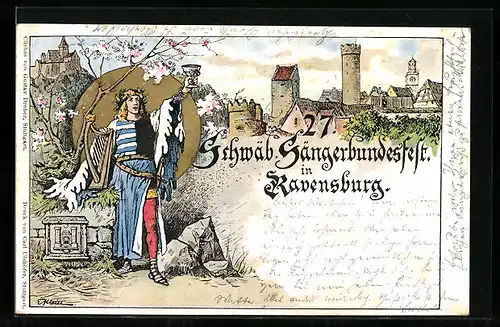 Lithographie Ganzsache PP27C52 /02: Ravensburg, 27. Schwäb. Sängerbundesfest 1904, Festpostkarte