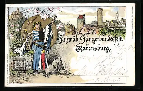 Lithographie Ganzsache PP27C52 /02: Ravensburg, 27. Schwäbisches Sängerbundesfest 1904, Festpostkarte