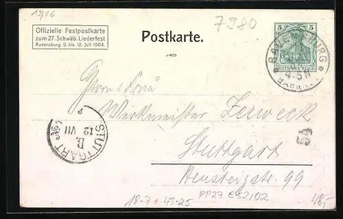 Lithographie Ganzsache PP27C52 /02: Ravensburg, 27. Schwäbisches Sängerbundesfest 1904, Festpostkarte